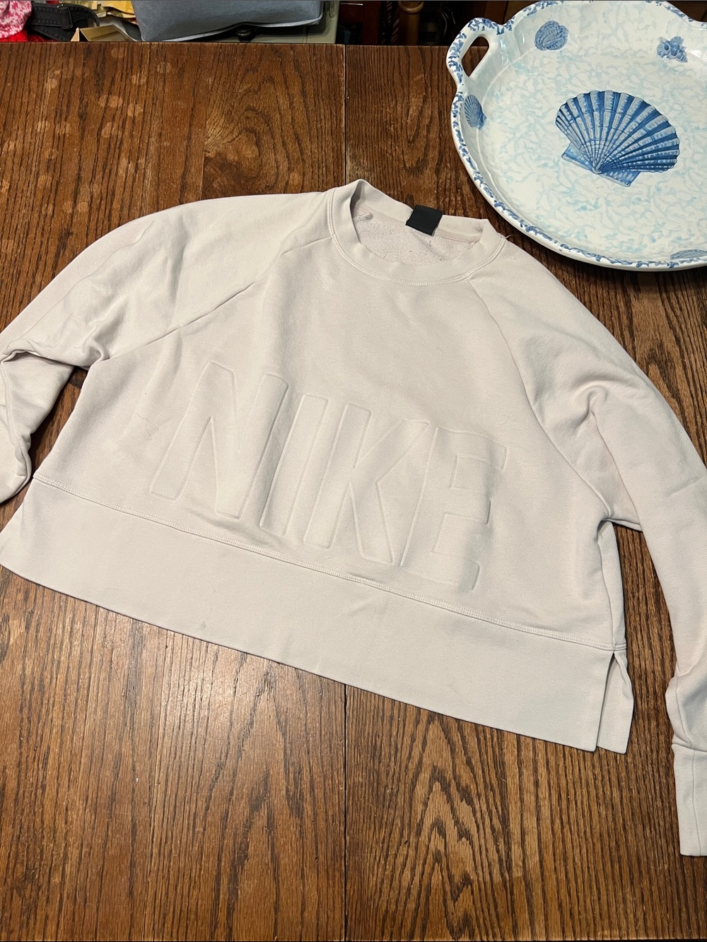 Nike Women's Light Beige Embossed Logo Cropped Crewneck Sweatshirt